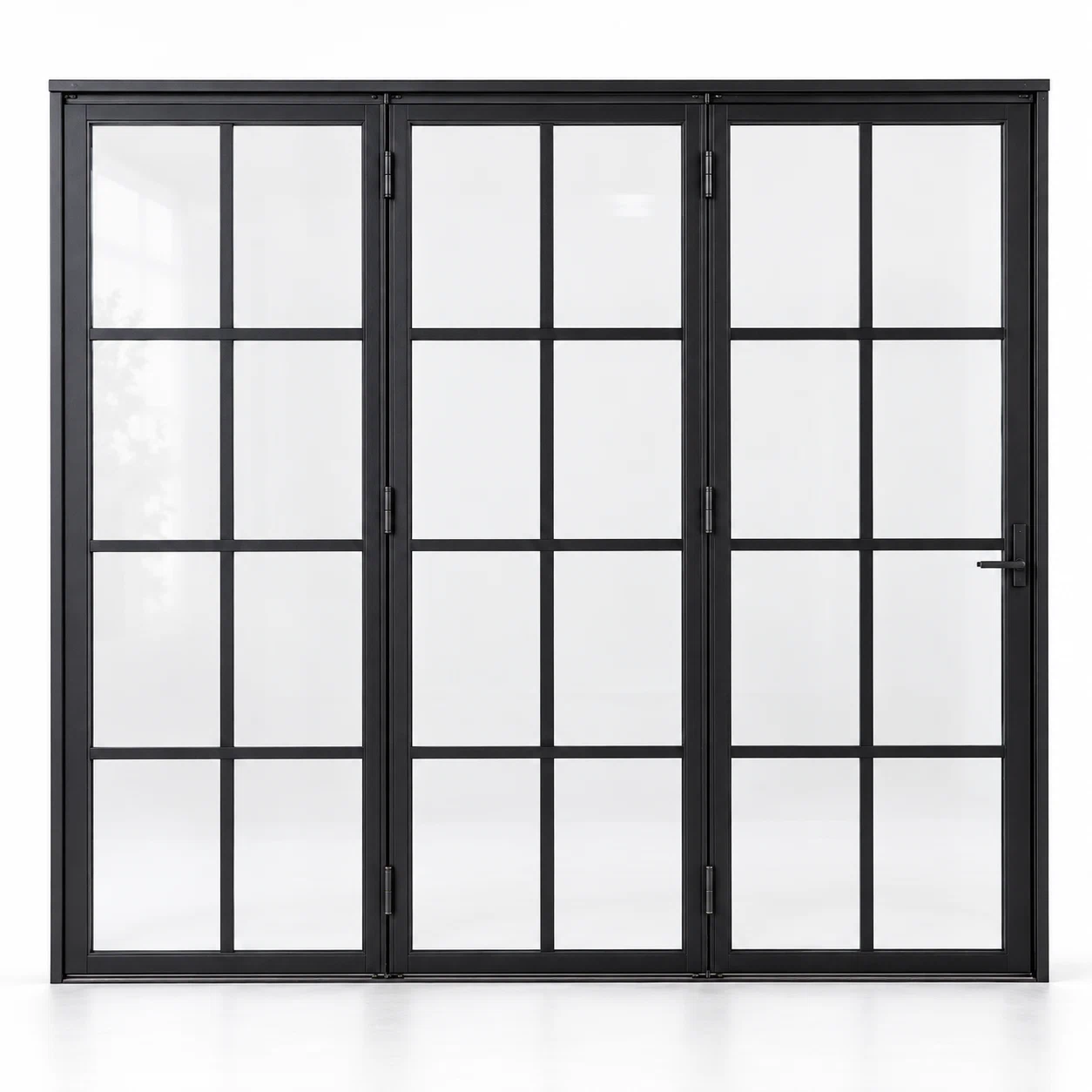 8 lite three-panel steel bifold door, 24 panes total — studio AI design visualization