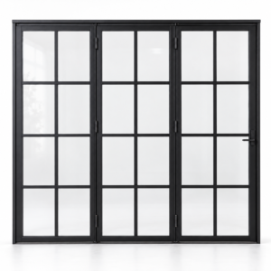 8 lite three-panel steel bifold door, 24 panes total — studio AI design visualization