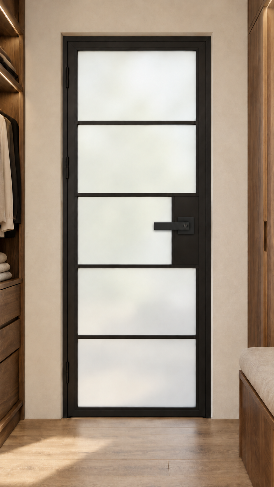 USABD five-lite frosted-glass hinged interior steel door with included rectangular lever lock — dressing