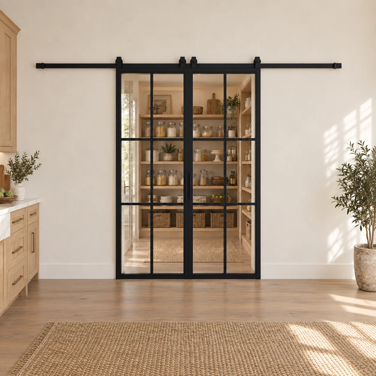 6-Lite Double Steel Barn Pantry Door leading into an oak pantry from an ivory kitchen — product visualization