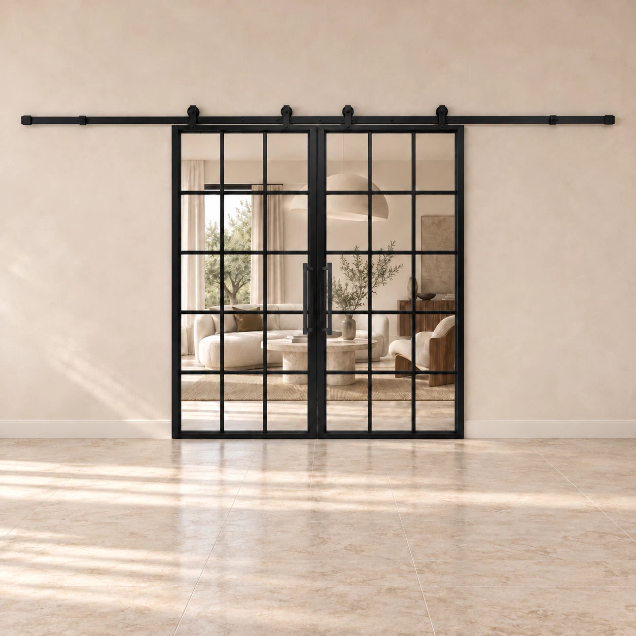 15 Lite double interior steel barn doors with included rectangular pulls — living
