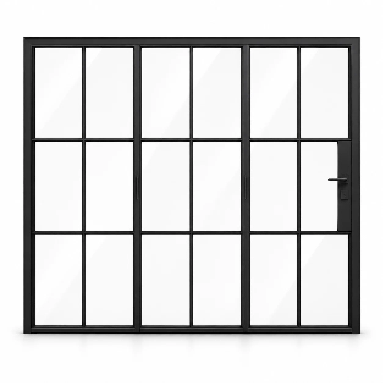 6S three-panel black steel bifold door on a white background — product visualization