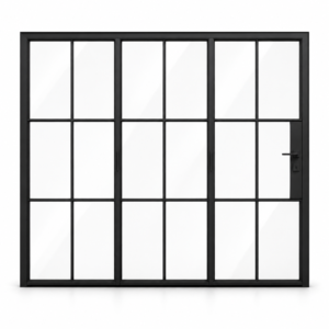 6S three-panel black steel bifold door on a white background — product visualization