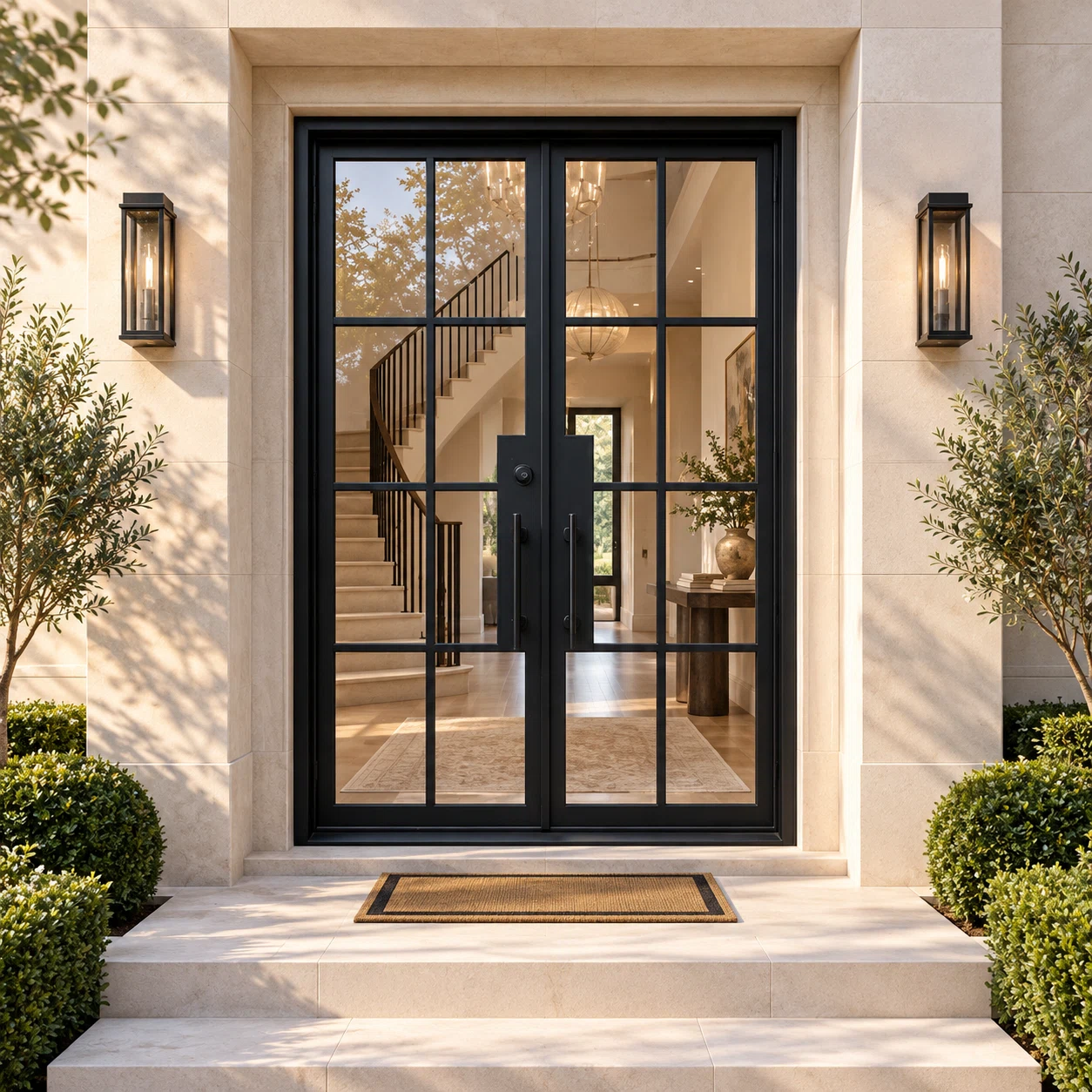 Ashbourne grid double iron French door in a luxury limestone setting — design visualization