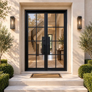 Ashbourne grid double iron French door in a luxury limestone setting — design visualization